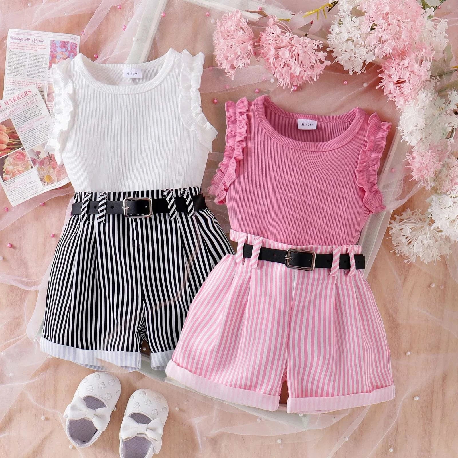 3PCS Summer New Style Comfortable And Fashionable Pink Pit Strip Vest + Shorts Set For Girls Aged 0-3 - M & M Global