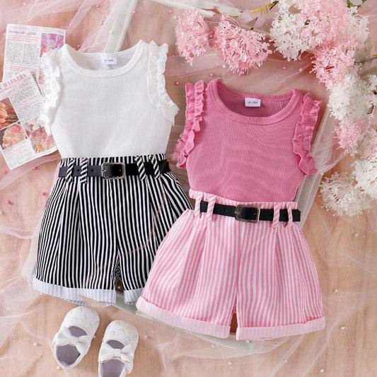 3PCS Summer New Style Comfortable And Fashionable Pink Pit Strip Vest + Shorts Set For Girls Aged 0-3 - M & M Global