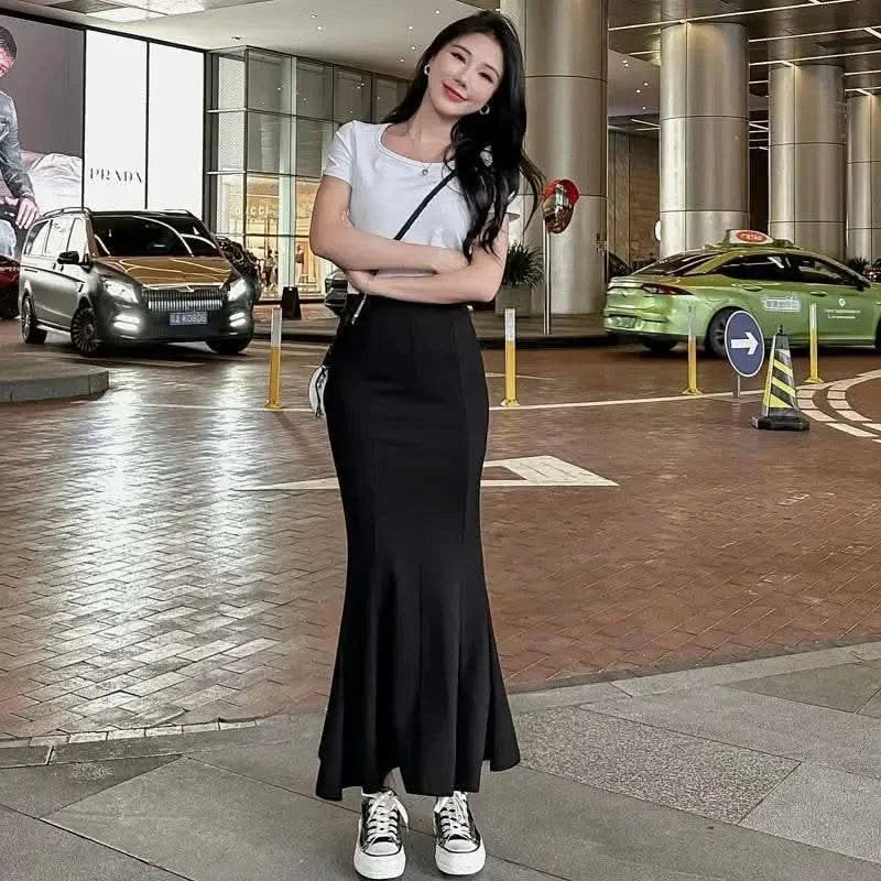Blackskirt Women's Spring Autumn High-waisted A- line Skirt Fish Tail Vintage Long Dress Sensibility Niche Bodycon Skirt - M & M Global