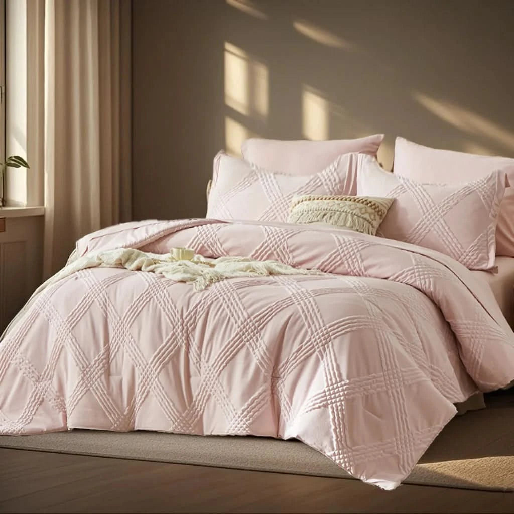 Pink quilted comforter set on a bed with pillows in a softly lit bedroom.

7-piece comforter set

Brushed microfiber bedding

Ultra-soft quilt set

Lightweight comforter set

Machine washable bedding

All-season bedding set

Luxury bed set queen size

Bedding gift set

Modern bedroom decor