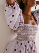 Women's Flower Embroidered Long Dress Bodycon Lantern Sleeve Square Neck Tiered Flowy Dress Bohemian Summer Beachwear Dresses - M & M Global