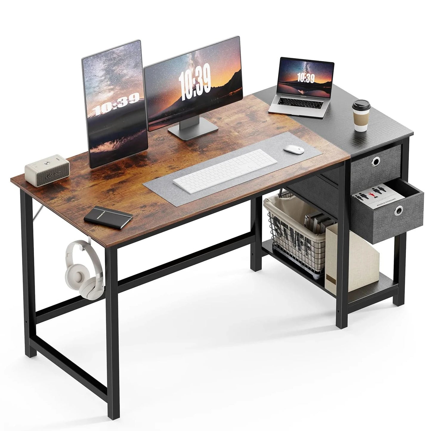 JHK Computer Desk With Drawers 55 Inch Home Office Desk Writing Desk Work Desk PC Table Study Desk With 2-Tier Drawers