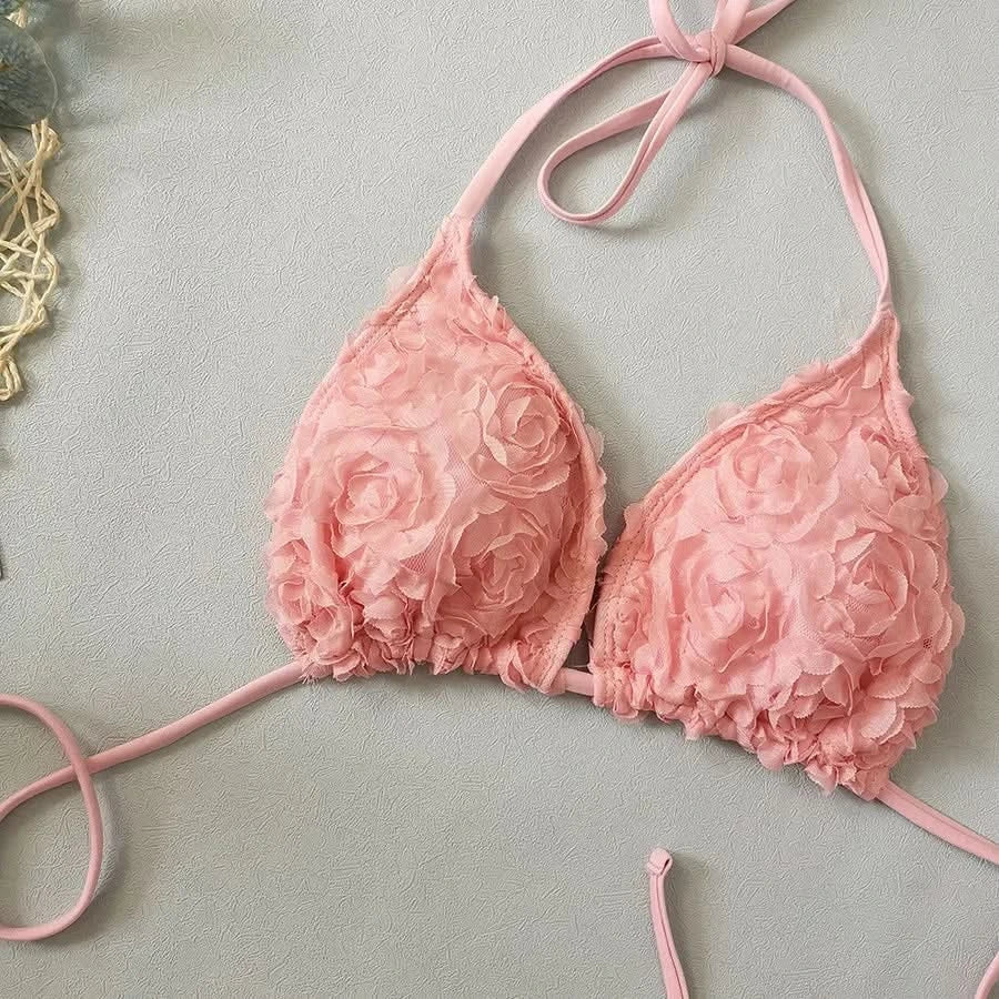 Women's Sexy 3 Piece Bikini Set 3D Flower Beach Skirt Swimsuit Pure Pink Triangle Halter Backless Thong Swimwear 2025 Summer New - M & M Global