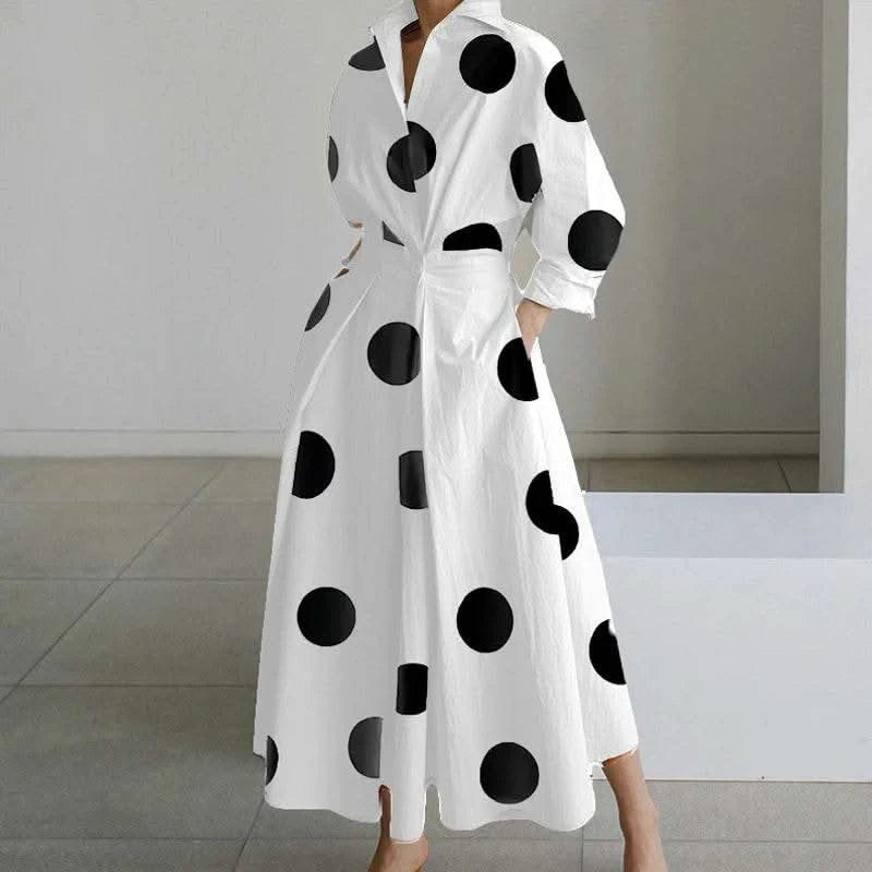 Autumn Dress Long Sleeve Dot Print Elegant Maxi Dresses For Women 2023 White Casual V Neck Shirt Party Long Dress Robe Femme - M & M Global