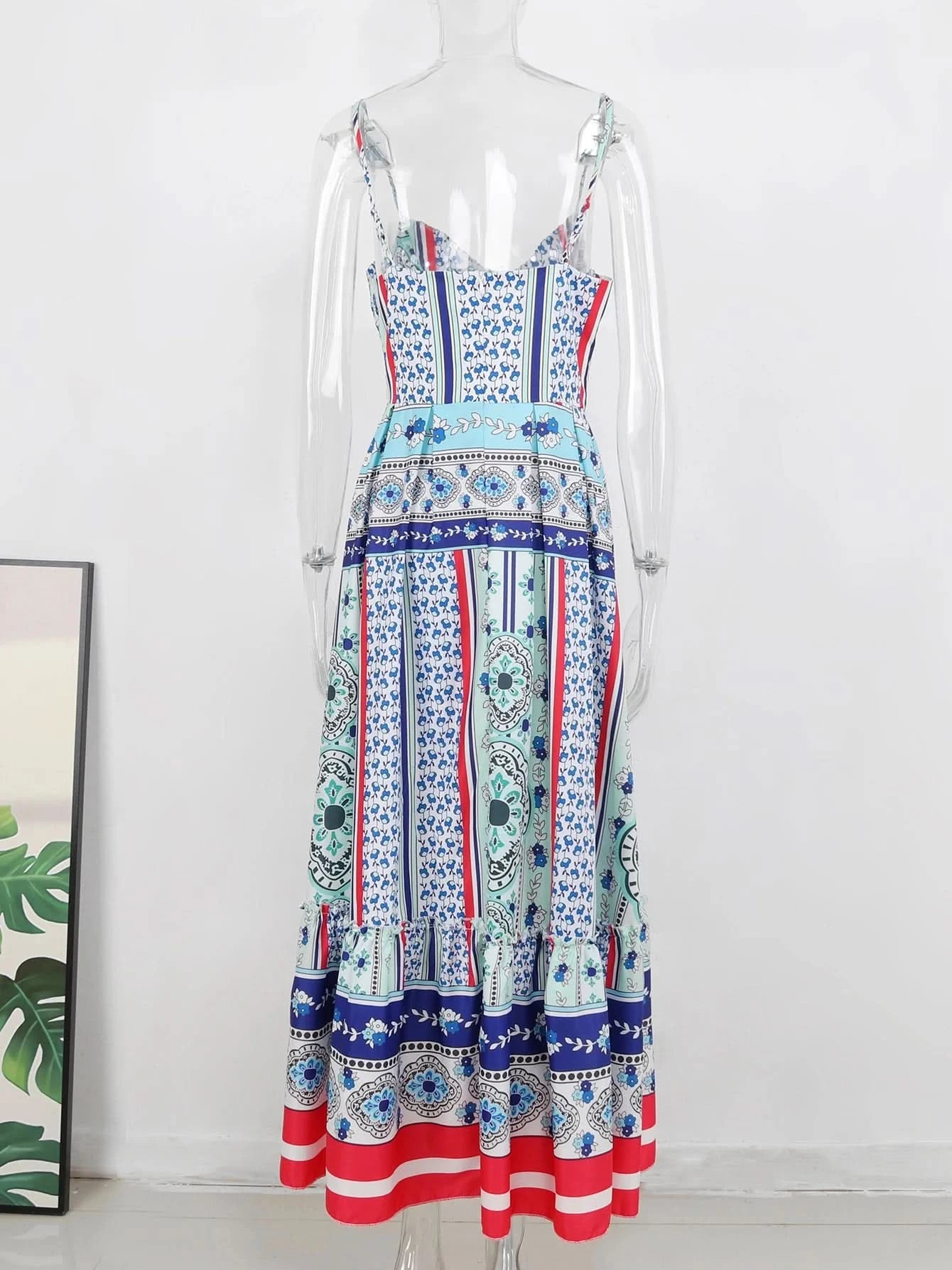 Summer Print Long Dress Women Clothing Lace Up Sling Party Dresses Pattern Strappy Ladies Hollow Out V-Neck Beach Vestidos - M & M Global