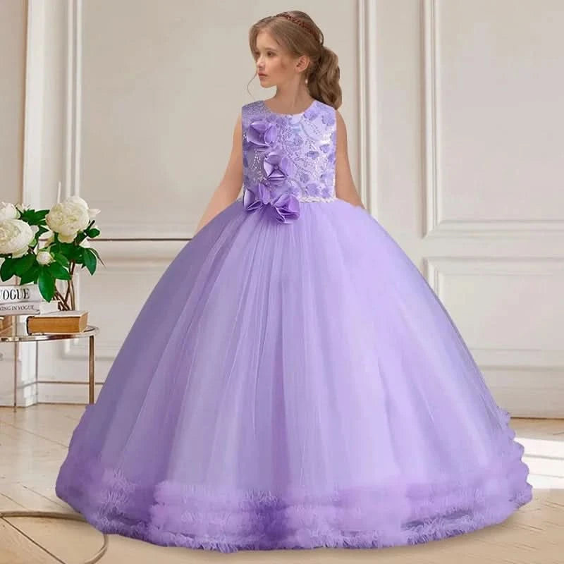 Girls' Sequin Pearl Princess Dress 5-14 Years Old Flower Decal Sleeveless Temperament Long Dress Halloween Banquet Fashion Dress - M & M Global