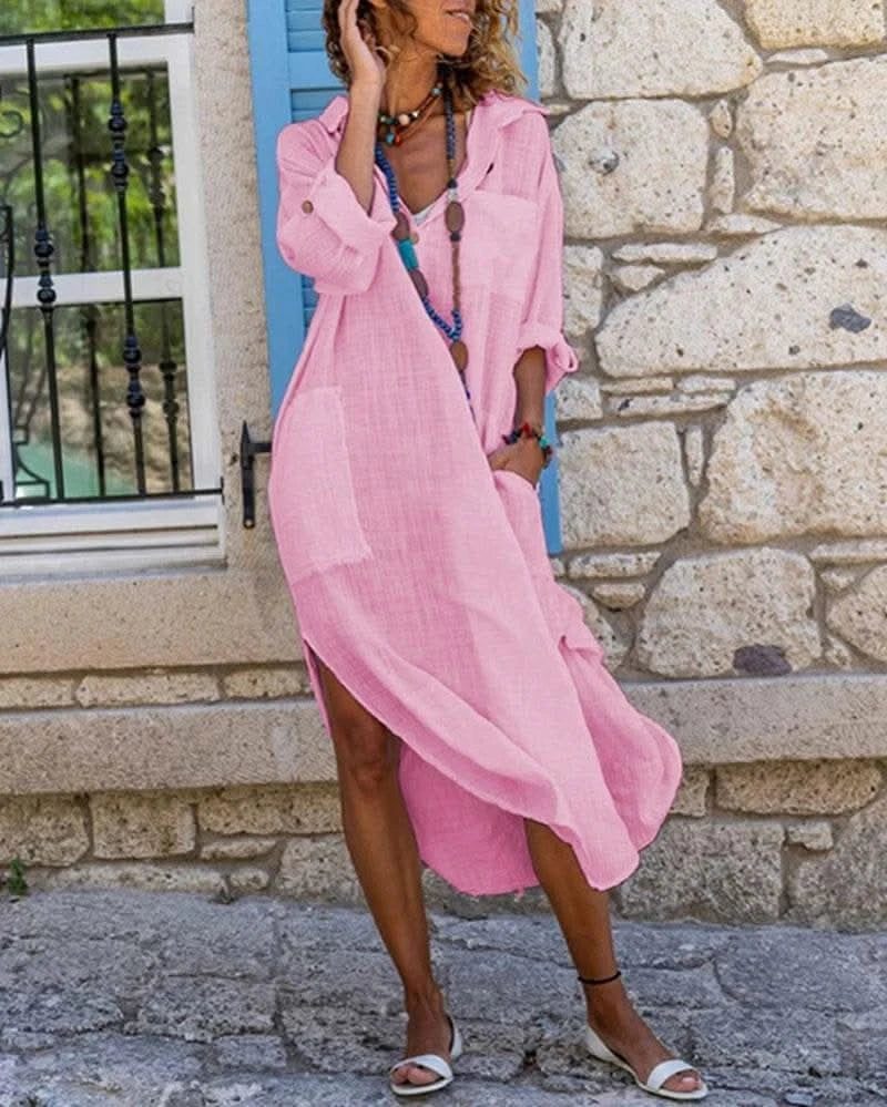 Casual Cotton Linen Loose Shirt Dress Women Summer Fashion Streetwear Split Button Long Dress White Black Beach Holiday Vestidos - M & M Global
