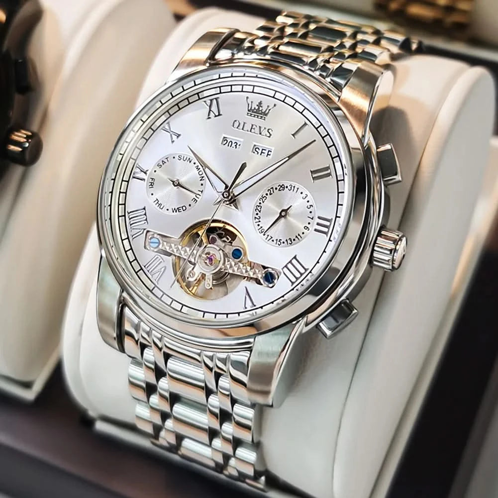 OLEVS Men's Watches Automatic Mechanical Business Wristwatch Waterproof Stainless Steel Strap Watch for Man Skeleton Calendar - M & M Global