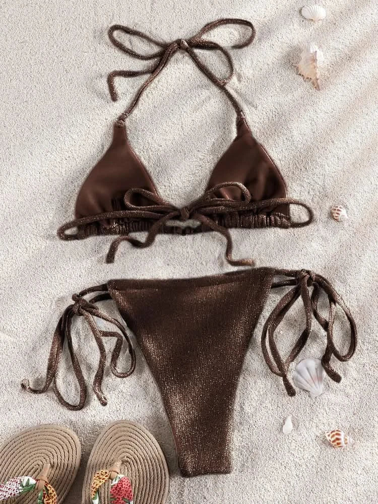 Solid Color Bikini Set Shiny Swimwear Women Shiny Swimsuit Bandage Bikinis Micro Thong Biquini Brazilian Beachwear - M & M Global