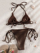 Solid Color Bikini Set Shiny Swimwear Women Shiny Swimsuit Bandage Bikinis Micro Thong Biquini Brazilian Beachwear - M & M Global