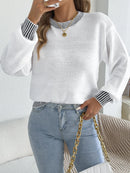Autumn Winter Causal Round Neck Striped Sweaters Woman 2025 Lantern Long Sleeve Knitted Pullover White Red Khaki Women Clothes
