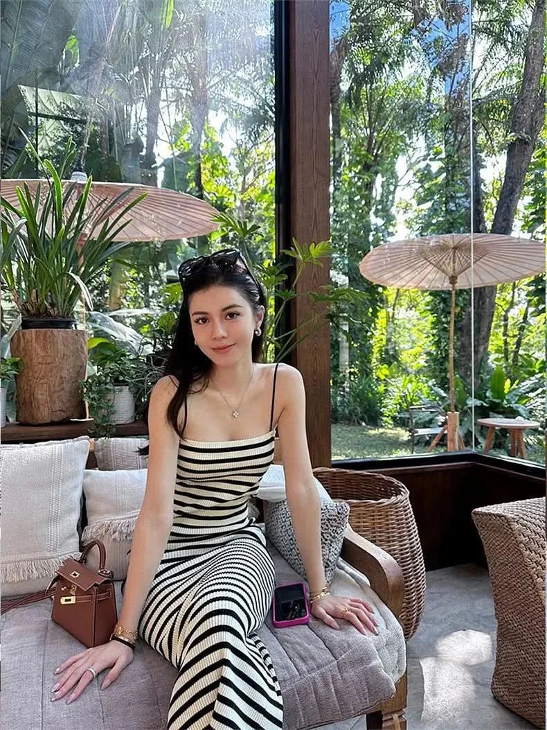 Striped Knitted Slim Dresses Women's Summer Skinny Sleeveless Bodycon Long Dress Casual Holiday Wrap Hip Sundress - M & M Global