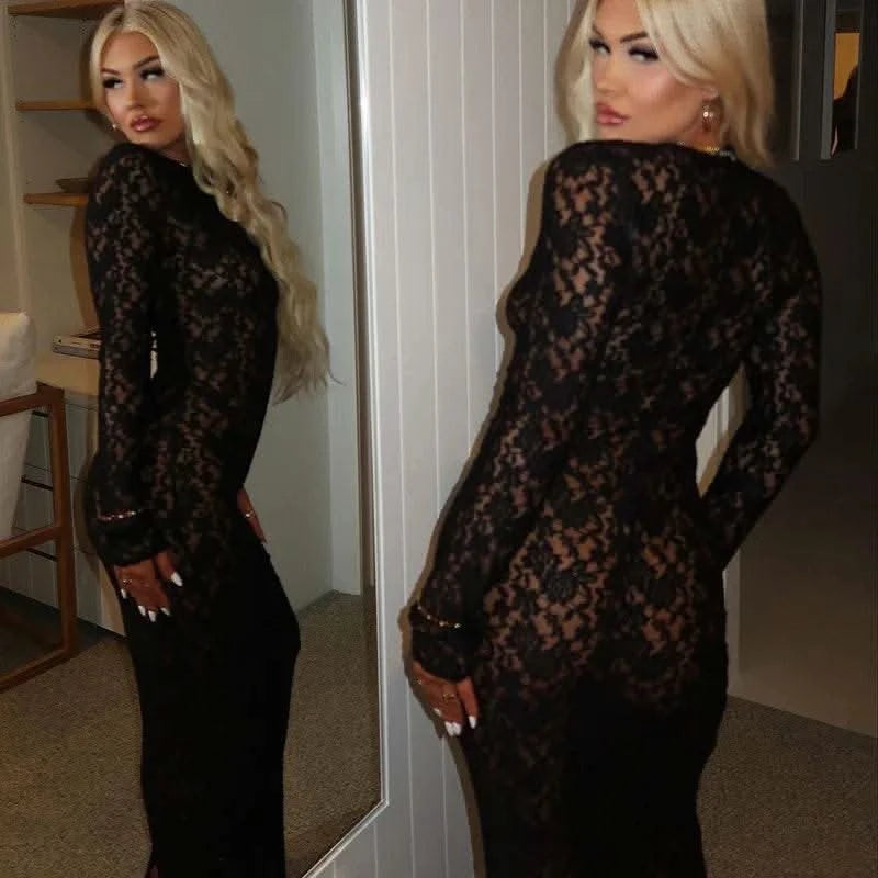 Autumn Fall Women Sexy Lace See Through Streetwear Bodycon Black Long Dress Wholesale Items For Business - M & M Global