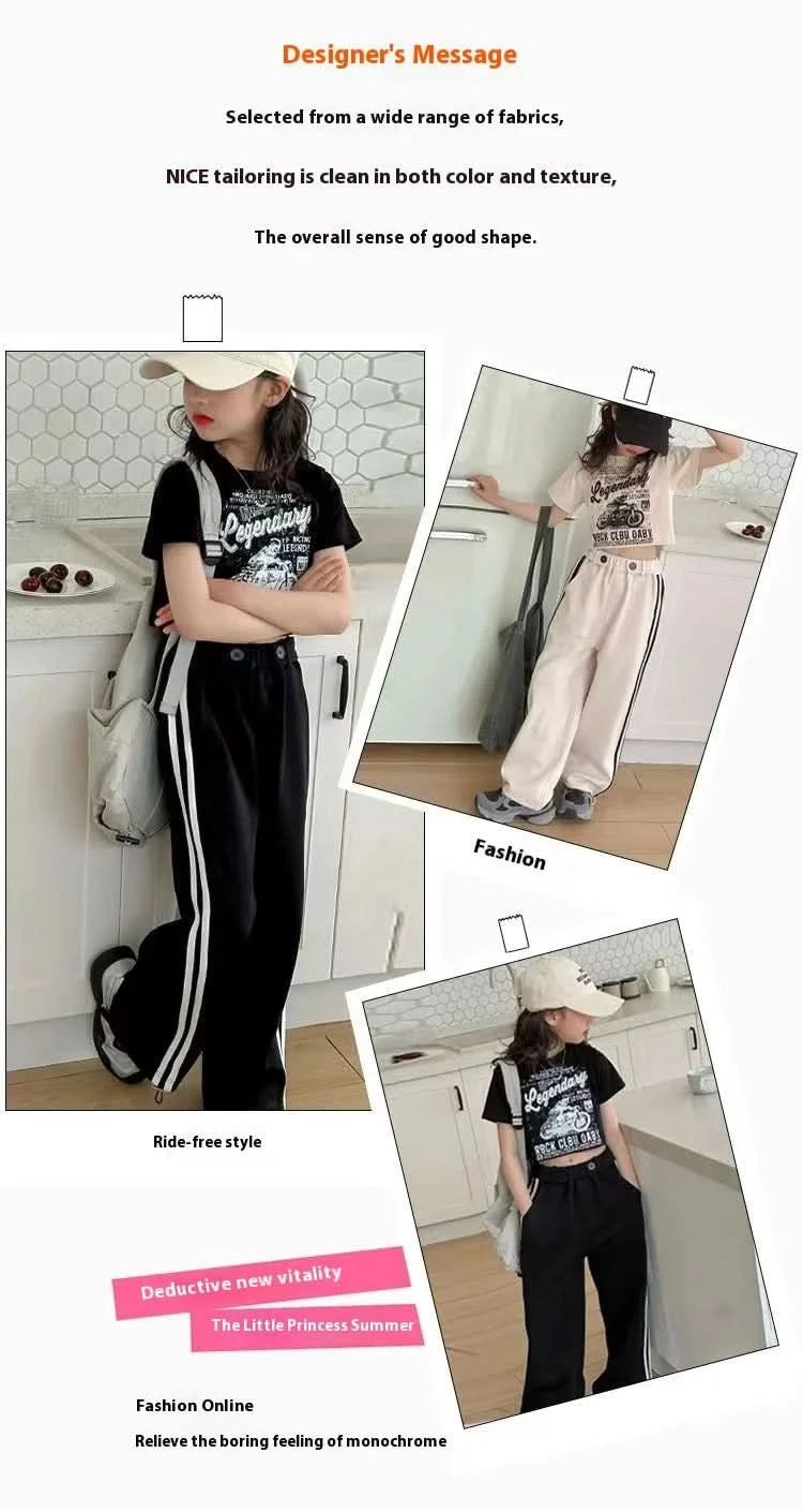 Girls' summer casual suit, new children's fashionable T-shirt, casual pants, summer dress, foreign short-sleeved two-piece set, - M & M Global