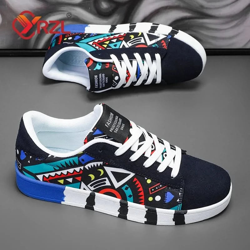 YRZL Men's Sports Running Shoes Canvas Geometric Style Lace-Up Sneakers Couples' Fashionable Graffiti Print Skate Shoes Men - M & M Global