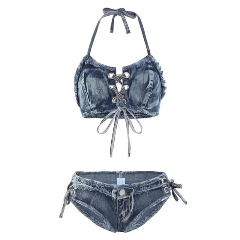 650 European and American hot girls sexy denim bikini women beach vacation summer split swimsuit strap small chest - M & M Global