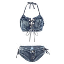 650 European and American hot girls sexy denim bikini women beach vacation summer split swimsuit strap small chest - M & M Global