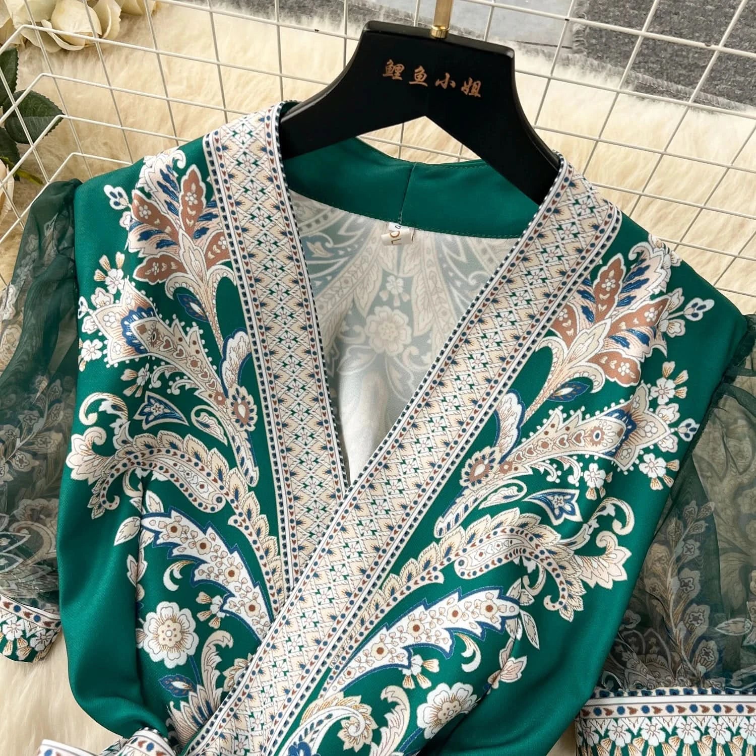 Summer Bohemian Paisley Print Long Dress Women V-Neck Short Puff Sleeve Vintage Print Bandage Lace Up Robe Vestidos Clothes 6237 - M & M Global