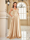 Elegant Sequins Evening Dress For Women 2024 Deep V-neck Satin Prom Party Green Dress Floor Length Blue Formal Gowns