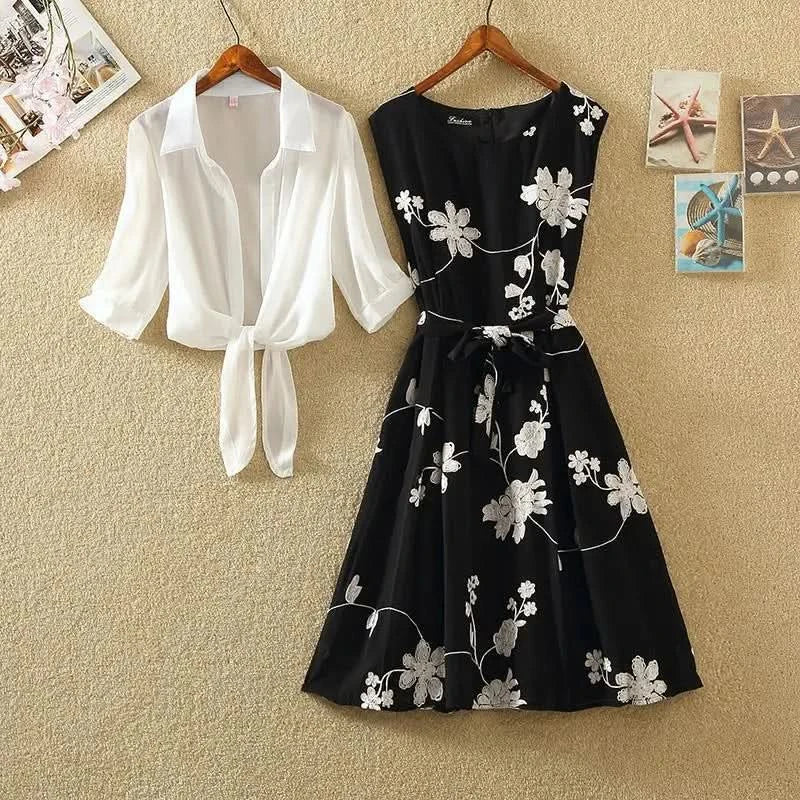 New Elegant Suit Two-piece Dress High Waist Sleeveless Slim A-line Skirt Floral Embroidery White Top Bow Belt Vintage  WOMEN - M & M Global