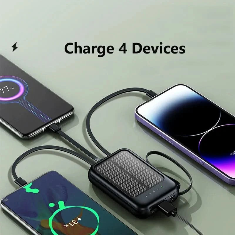 Solar Power Bank Built 4 Cables Portable Charger External Spare Battery Mini Powerbank with LED Light for IPhone Xiaomi Huawei - M & M Global