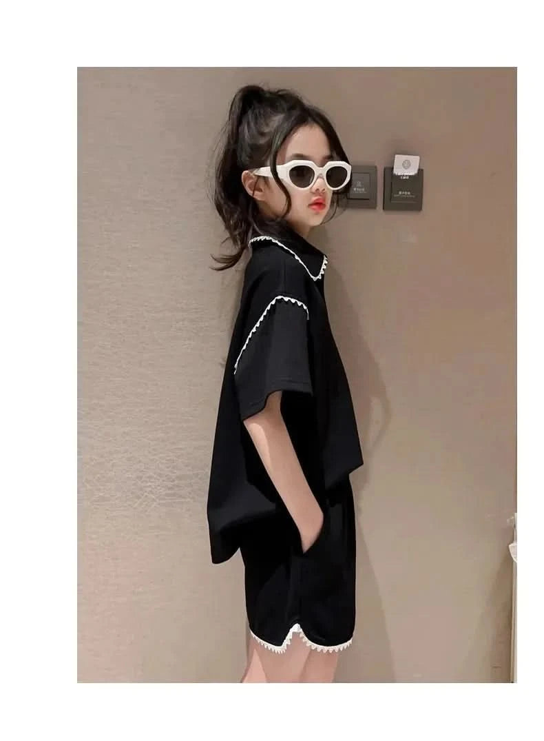 Girls Summer Polo Shirt Set Ruffle Collar T-Shirt Shorts Two-Piece Korean Style Mid-Big Children Fashionable Clothing - M & M Global
