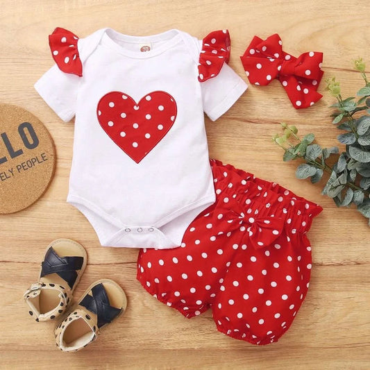 Baby Girl 0-18 Months 3PCS Clothing Set Love Short Sleeve Romper+Polka Dot Shorts+Headband Summer Daily Casual Newborn Baby Girl - M & M Global