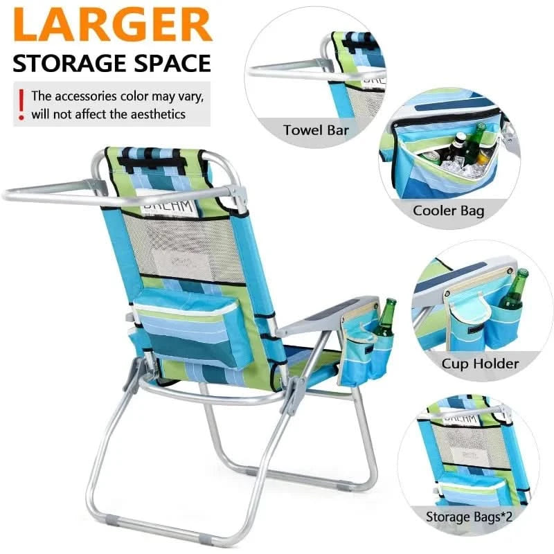 VINGLI Tall Beach Chair 2 Pack, with 5-Position, Cooler Bag, Cup Holders, Towel Bar, Lightweight Folding Beach Camping Chairs
