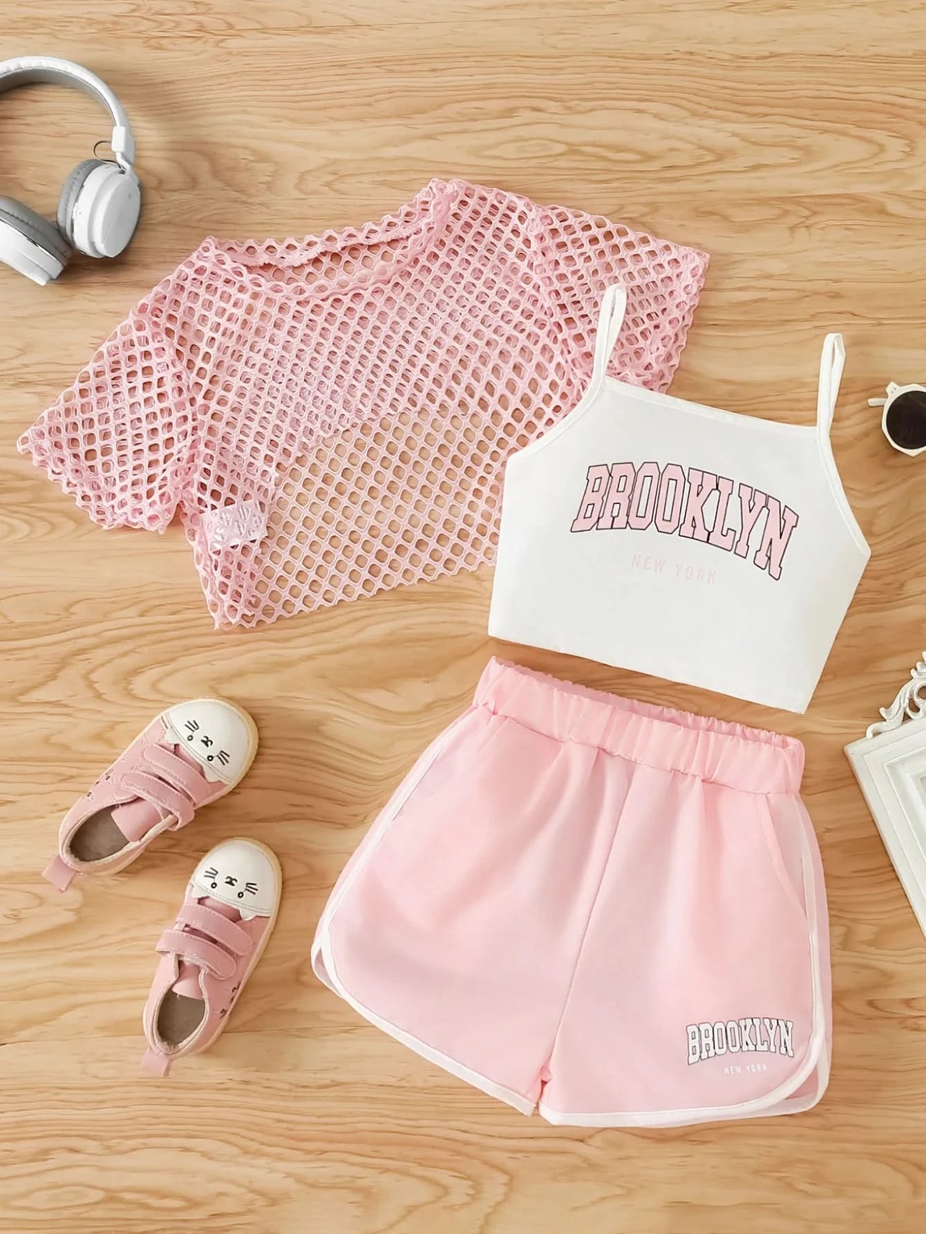 Girls Three-Piece Clothing New Breathable Summer Thin Fashion Short-Sleeved Mesh Top + Letter Printed Short Vest Suspender + Letter Printed Sports Shorts - M & M Global