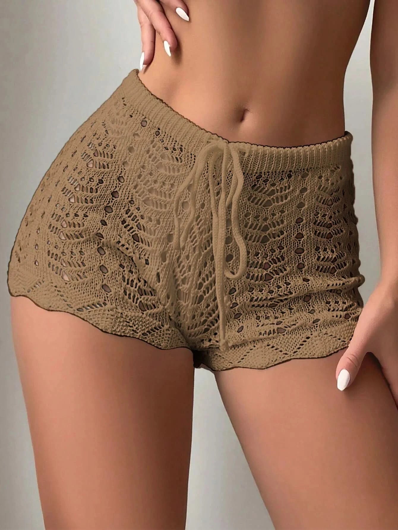 Polyester100.00% Hollow Drawstring Open Waist Knitted Bikini Blocked Women's Shorts - M & M Global