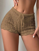 Polyester100.00% Hollow Drawstring Open Waist Knitted Bikini Blocked Women's Shorts - M & M Global