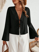 Sexy Lace Up Hollow Out Shirt Women Loose Solid V-neck Lantern Sleeve Tops Female 2024 Summer Casual Fashion Lady Short Blouses - M & M Global