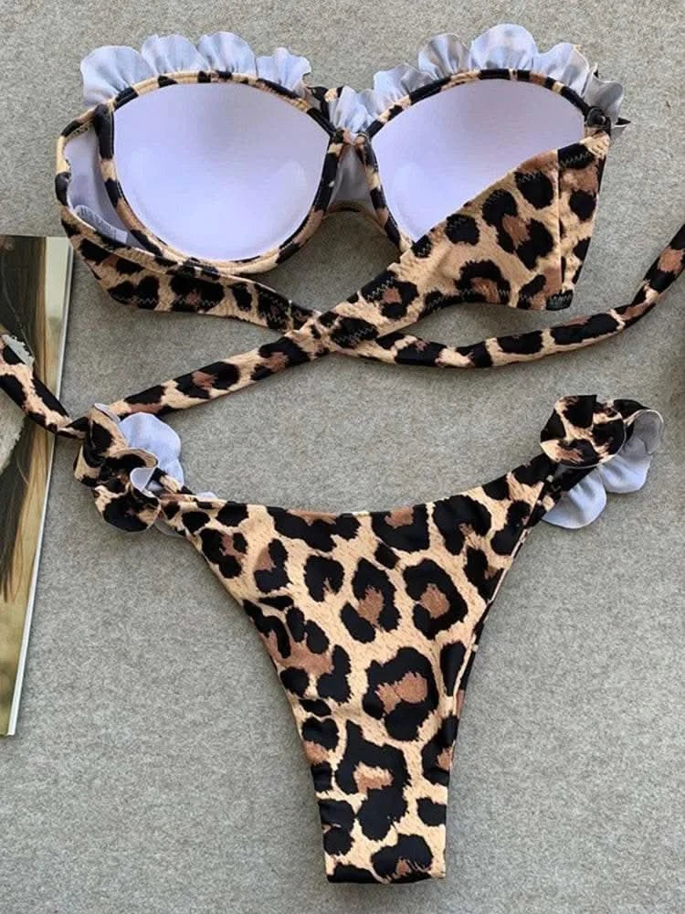 2025 New Summer Swimwear Bikini Set Sexy Leopard Strapless Bikini 2 Piece Set Women Split Swimsuit High Waist Beach Style Bikini - M & M Global