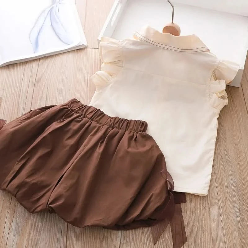 Girls Summer Casual Set Summer Vacation Bow Top + Shorts 2 Piece Set Children Clothes Girl - M & M Global