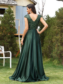 Elegant V-Neck Green Pleats Sequins Evening Dresses Long Luxury Women Satin Sleeveless Wedding Party Cocktail Gowns