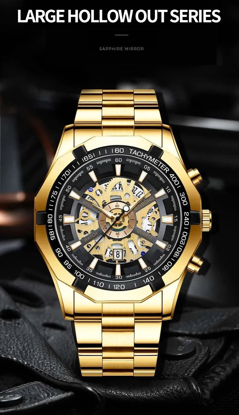 BINBOND Mens Quartz Watches Top Brand Luxury Stainless Steel Waterproof Hollow Out Blue Big Male Wristwatches Relogio Masculino - M & M Global