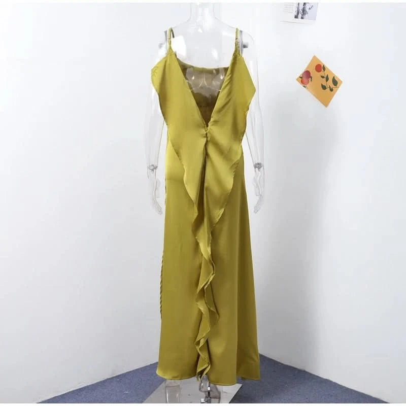 Elegant Green Satin Ruffles Sling Long Dress Women Sexy Backless Sleeveless Split Slim Dresses Lady 2025 New Party Club Vestidos - M & M Global