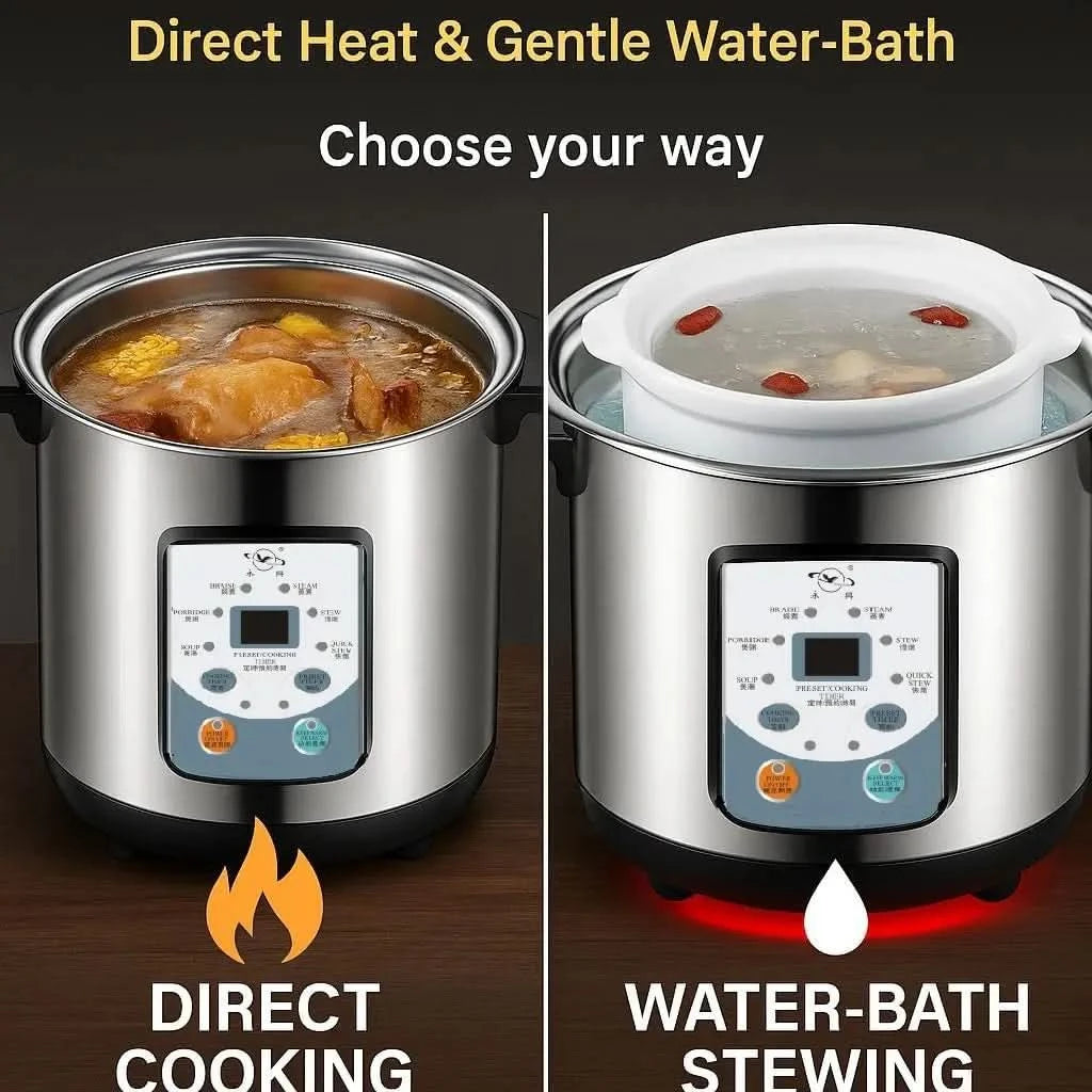 9L Electric Stew Cooker with Ceramic Water-Bath Insert, Stainless Steel Inner Pot, Dual Cooking Modes, 24H Timer, 7-Level Keep W - M & M Global