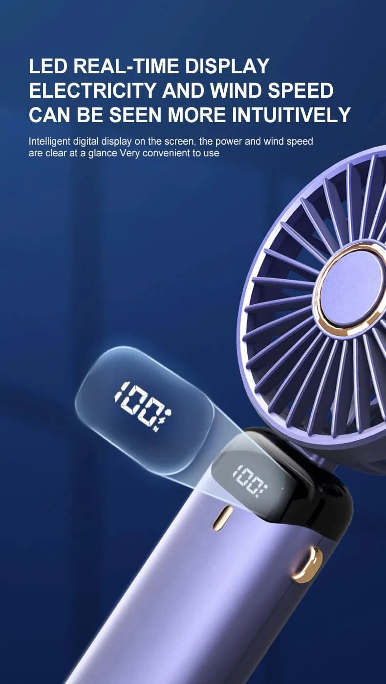 USB Handheld Mini Fan Foldable Portable Neck Hanging Fans 5 Speed USB Rechargeable Fan with Phone Stand and Display Screen - M & M Global
