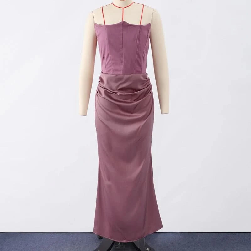 Sexy Strapless Patchwork Long Dress Women Slim Sleeveless Pleated Mermaid Dresses 2025 Spring Summer Lady Evening Solid Robe - M & M Global
