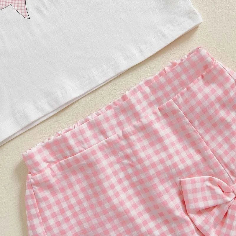 Adorable Toddler Girl Outfit with Bow Detail Short Sleeve Tee Plaid Skorts and Elastic Waistband - 2 Piece Summer Set - M & M Global