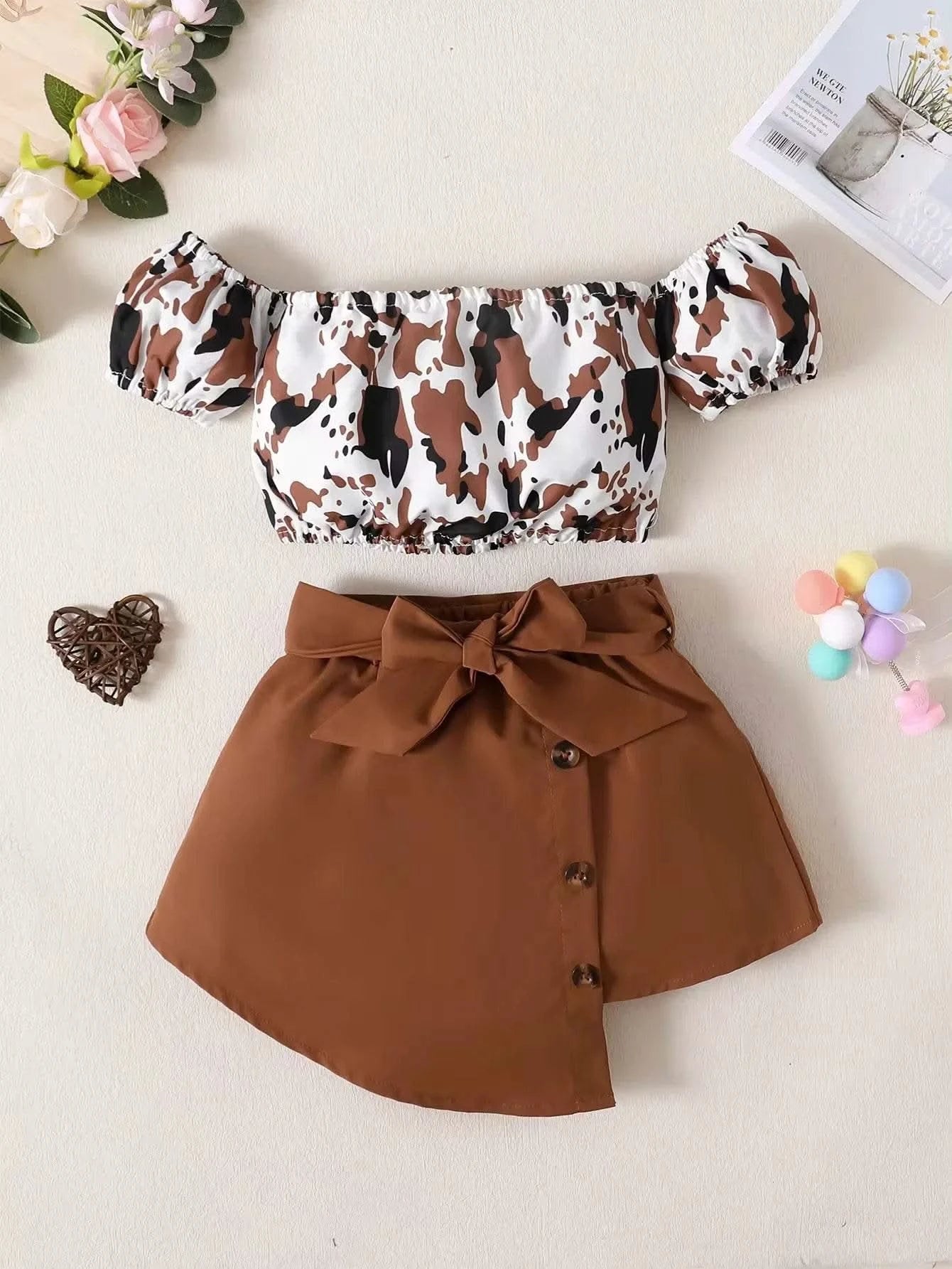 2PCS Toddlers Girl Summer Clothes Set Off Shoulder Leopard Print Top+Short Skirt with Bow Birthday Party Wear for Kids 1-4 Years - M & M Global
