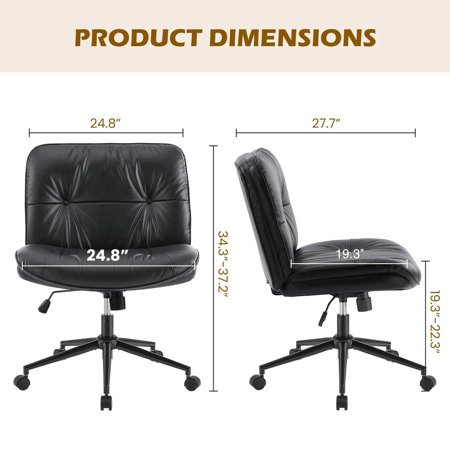 JHK PU Leather Cross Legged Office Chair with Wheels Armless Desk Chair Height Adjustable Swivel Wide Seating for Home Bedroom