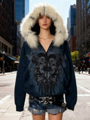 Y2K New American Fashion Trend Joker Pattern Printed Fur Collar Zipper Hoodie Women Street Casual Loose Fleece Padded Sweatshirt