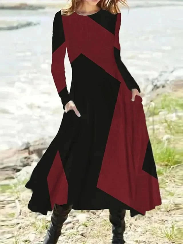 Long Dress Casual Eid Style Retro Autumn and Winter Long Sleeved Oversized Swing Maxi Dresses Patchwork Streetwear Vestidos - M & M Global