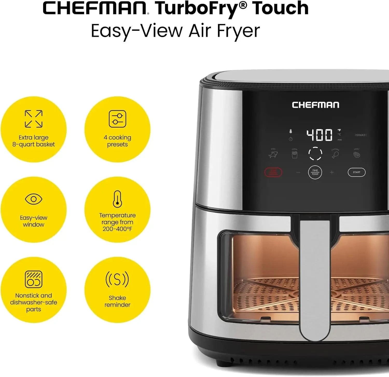 Easy-View Air Fryer - 8 Qt Family Size with Viewing Window, One-Touch Digital Control with 4 Presets, Nonstick & Dishwasher Safe - M & M Global