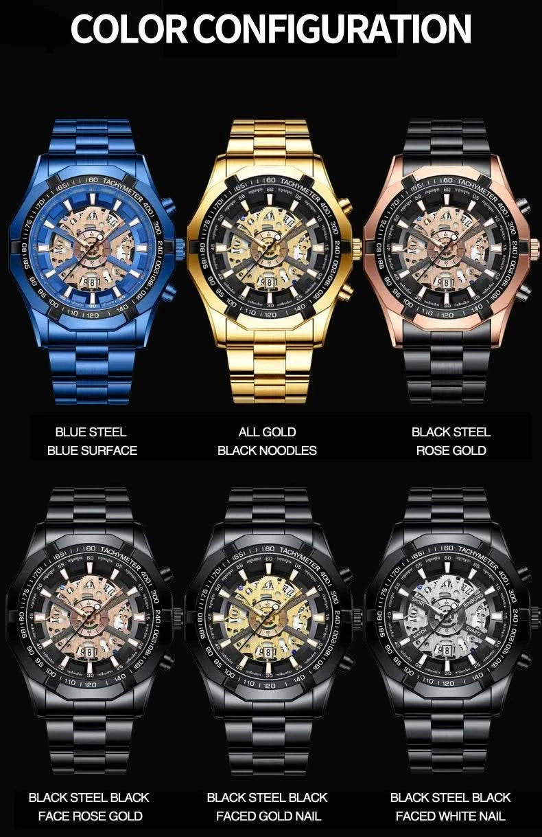 BINBOND Mens Quartz Watches Top Brand Luxury Stainless Steel Waterproof Hollow Out Blue Big Male Wristwatches Relogio Masculino - M & M Global