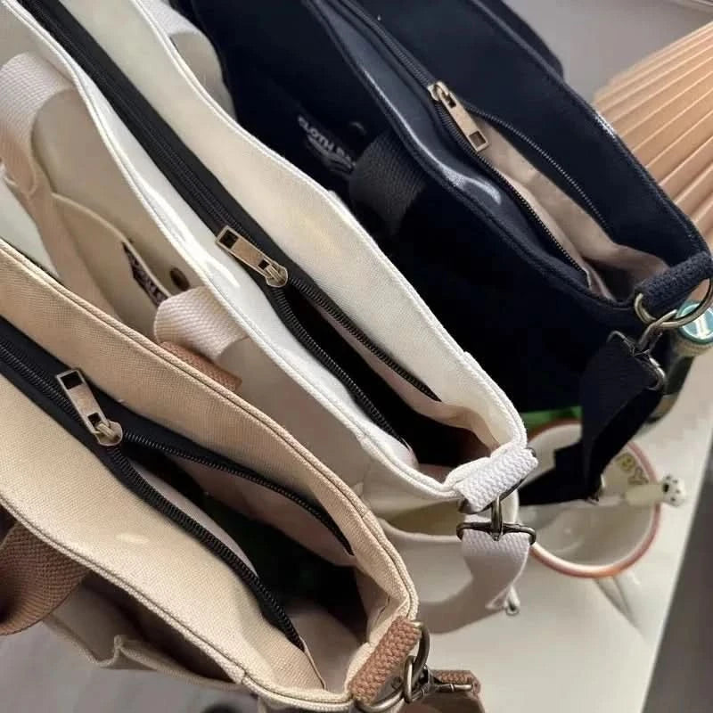 Urban Minimalist Female Student Large Capacity Commuting Horizontal Canvas Single Shoulder Diagonal Cross Portable Tote Bag - M & M Global