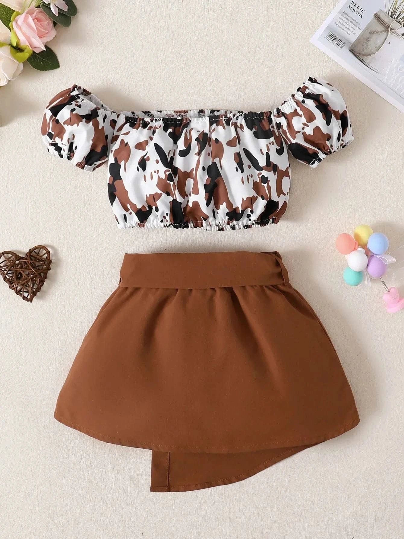 2PCS Toddlers Girl Summer Clothes Set Off Shoulder Leopard Print Top+Short Skirt with Bow Birthday Party Wear for Kids 1-4 Years - M & M Global