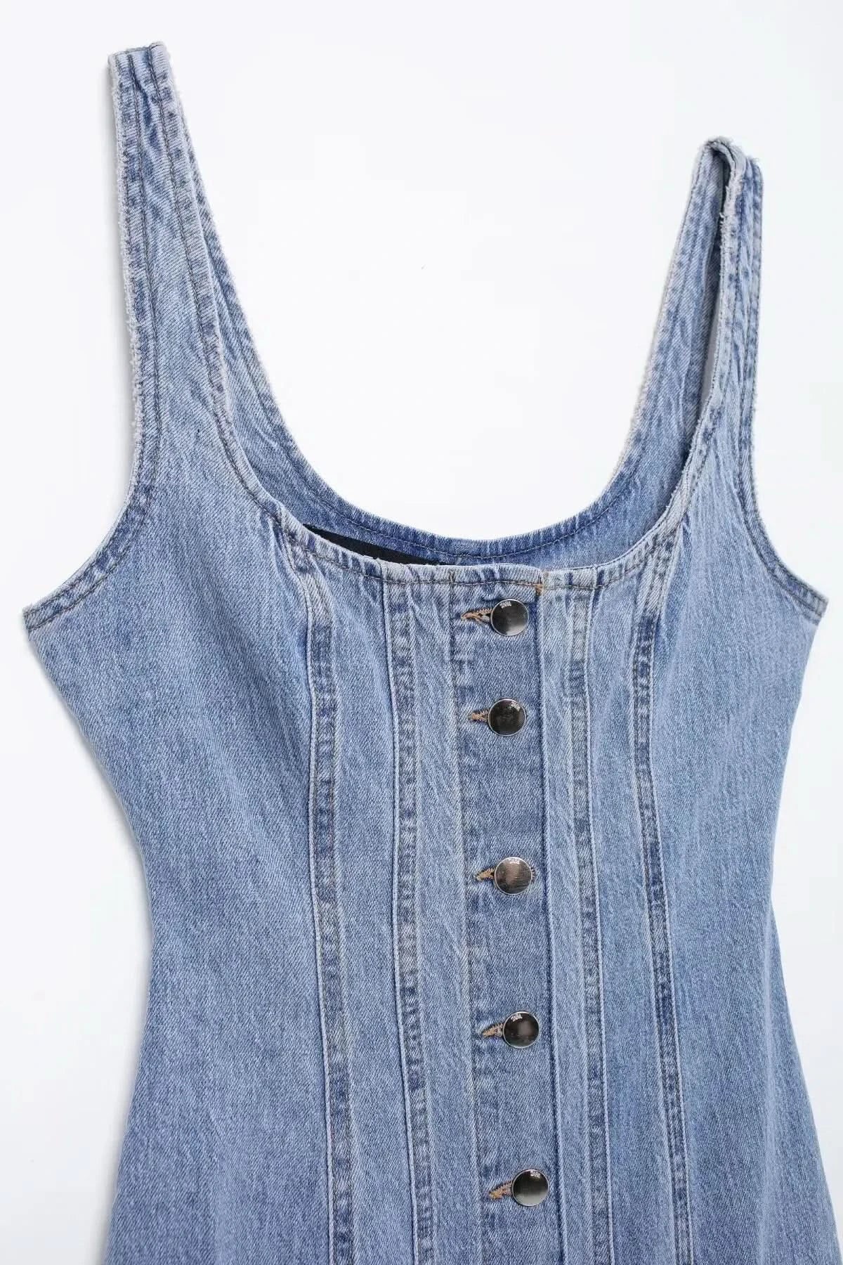 TRAFSHE Summer Ladies Zipper Denim Dress Women Elegant Spaghetti Strap Sexy O-Neck Vintage Casual Female Sling Mid-Long Dress ﻿ - M & M Global
